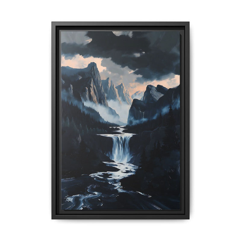 Upright framed matte canvas landscape print with distant mountains and waterfall, black frame