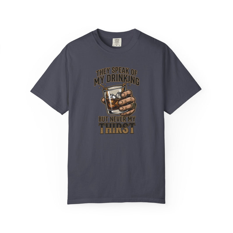 Navy whiskey quote graphic T-shirt with short sleeves and crew neck