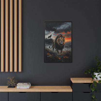 Lion and Wolf Matte Framed Canvas — Majestic Wildlife Sunset Wall Art