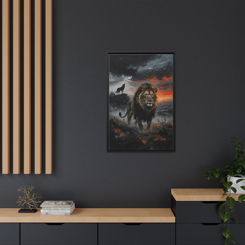 Lion and Wolf Matte Framed Canvas — Majestic Wildlife Sunset Wall Art