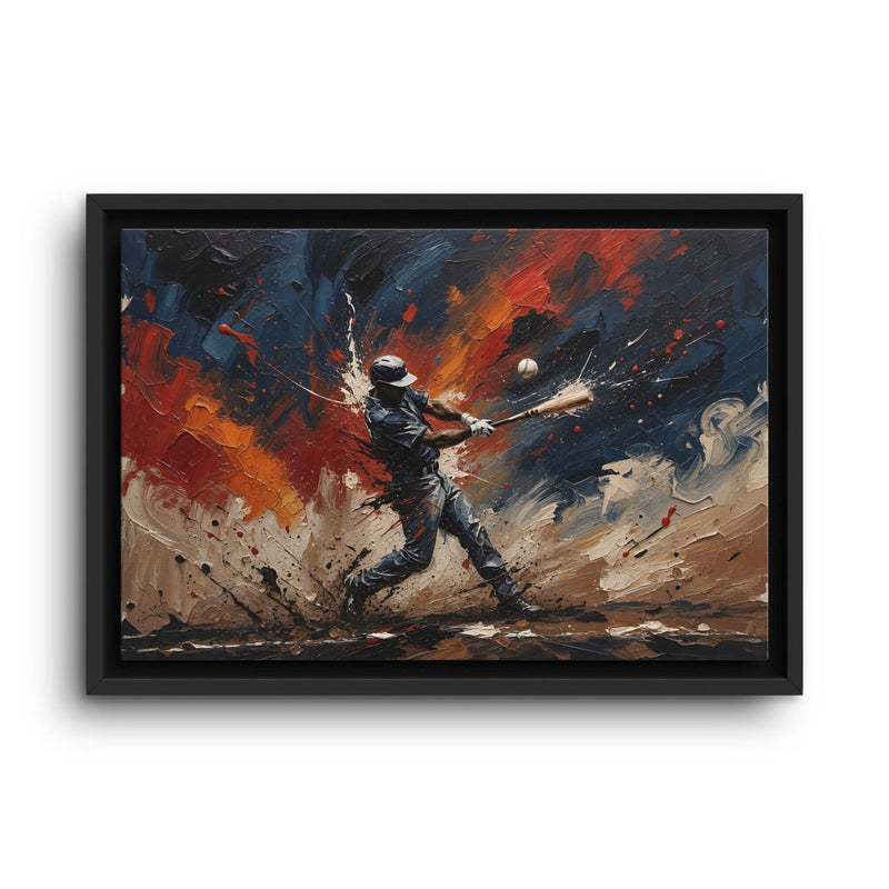 Framed sports canvas with a baseball batter silhouette and splashed red, blue, and beige paint