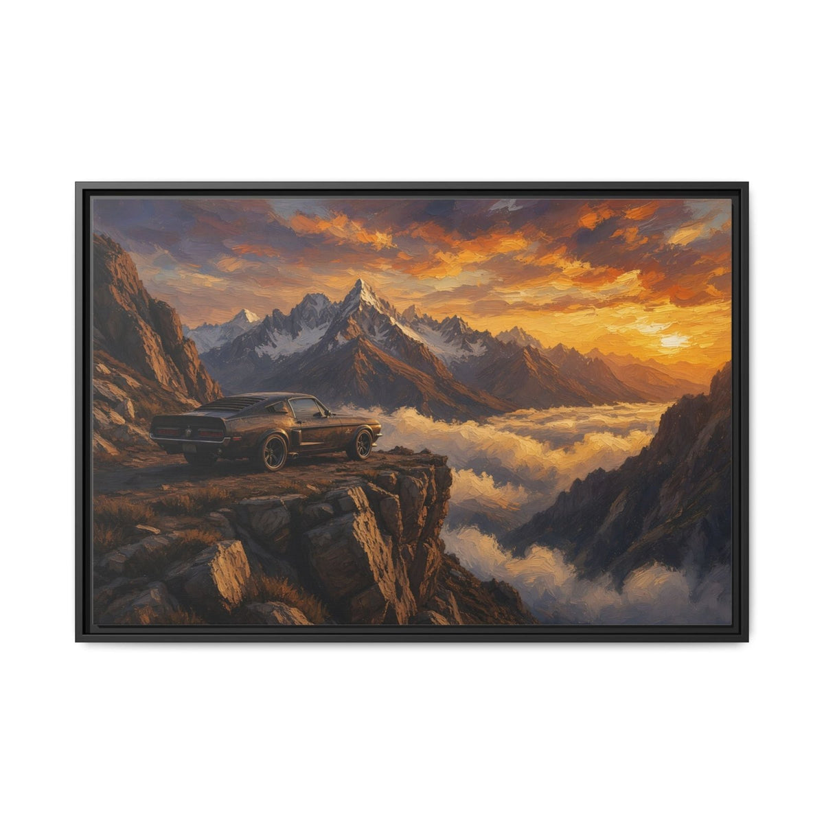Black framed landscape canvas featuring a muscle car on rocky cliff beneath sunset clouds
