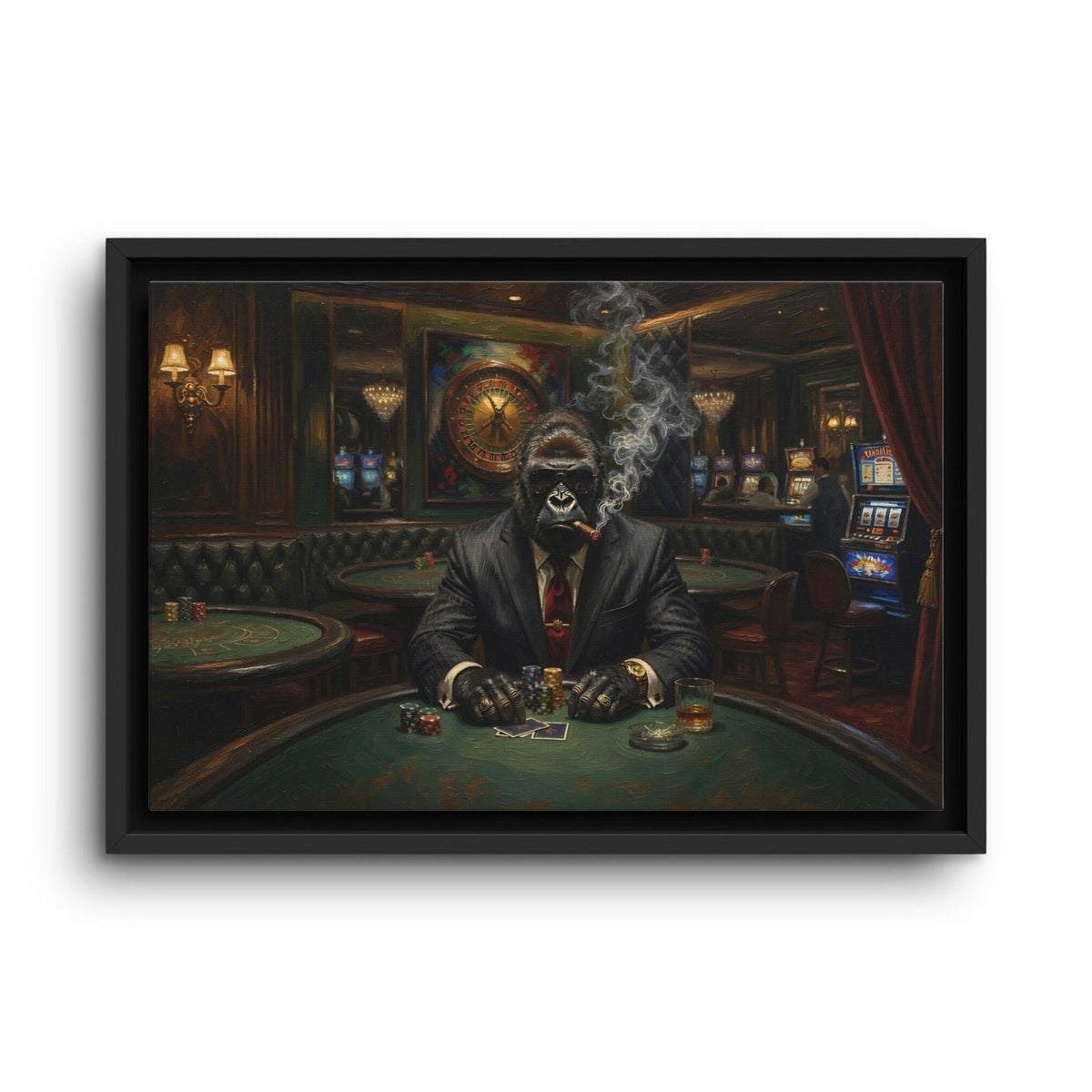 Framed canvas poker wall art of a gorilla in a black suit, cigar smoke above the table