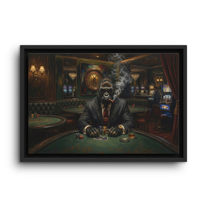 Framed canvas poker wall art of a gorilla in a black suit, cigar smoke above the table