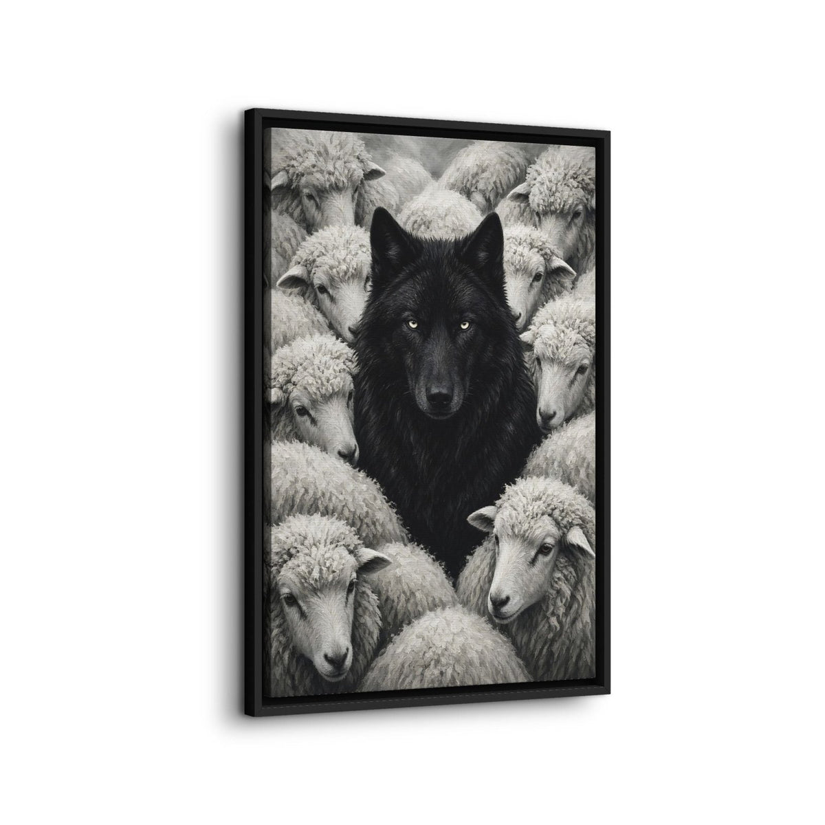 Framed vertical canvas with a black wolf and a flock of grayscale sheep