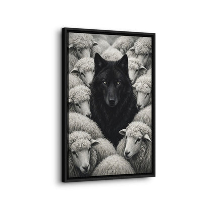 Framed vertical canvas with a black wolf and a flock of grayscale sheep