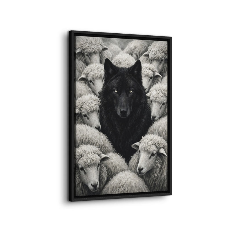 Framed vertical canvas with a black wolf and a flock of grayscale sheep