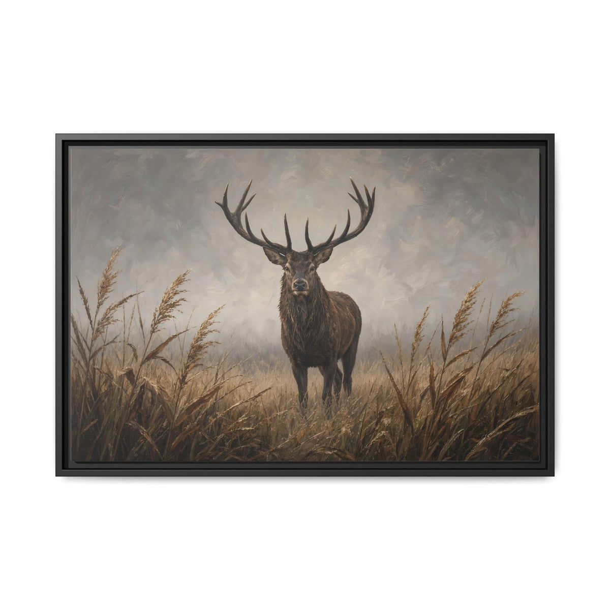 Stag deer canvas wall art in reeds, black frame, portrait view