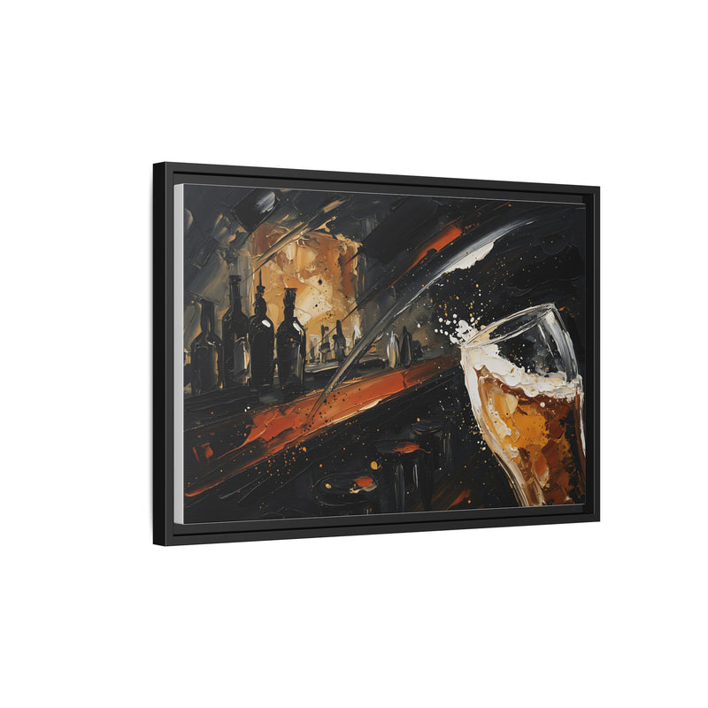 Framed matte canvas wall art, black frame with abstract bar bottles and beer glass