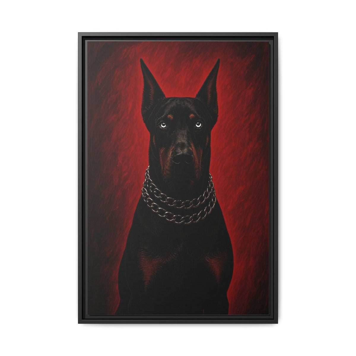 Framed canvas portrait of a black Doberman wearing a silver chain collar, red background
