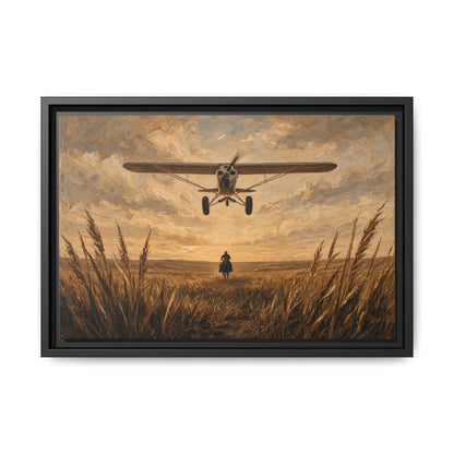 Black-framed canvas wall art featuring biplane above a lone cowboy in field