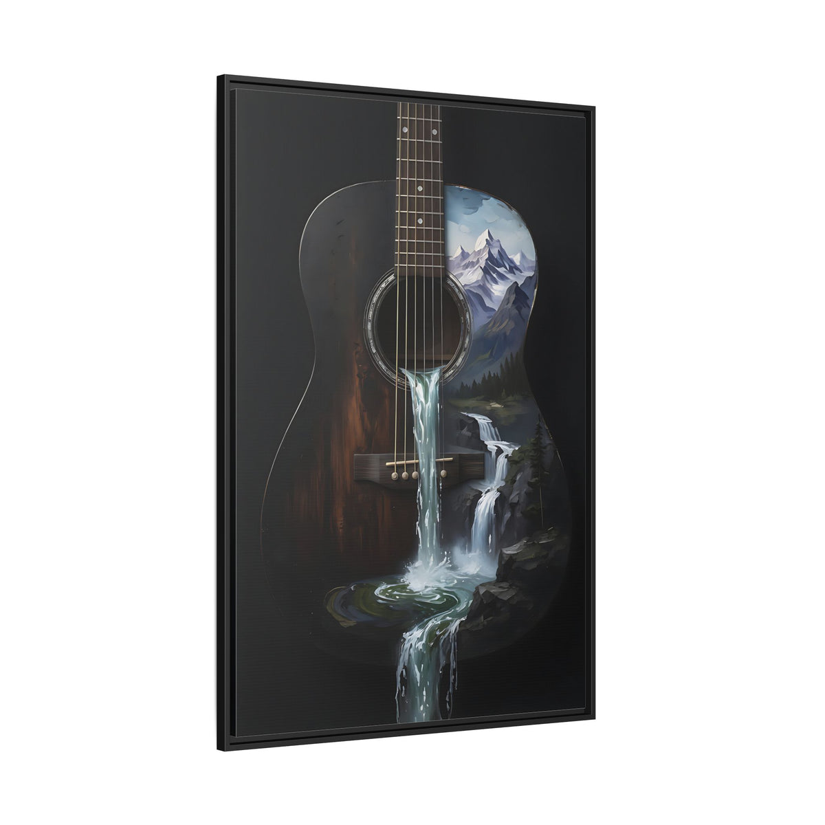 Guitar Waterfall Painting Framed Cavas  | Music Landscape Wall Art