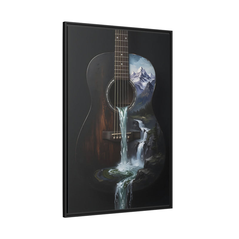 Framed guitar waterfall painting with mountain artwork and glowing water center.