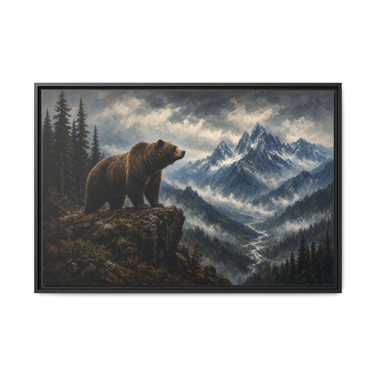 Black-framed bear and mountain landscape canvas wall art, pine trees and peaks