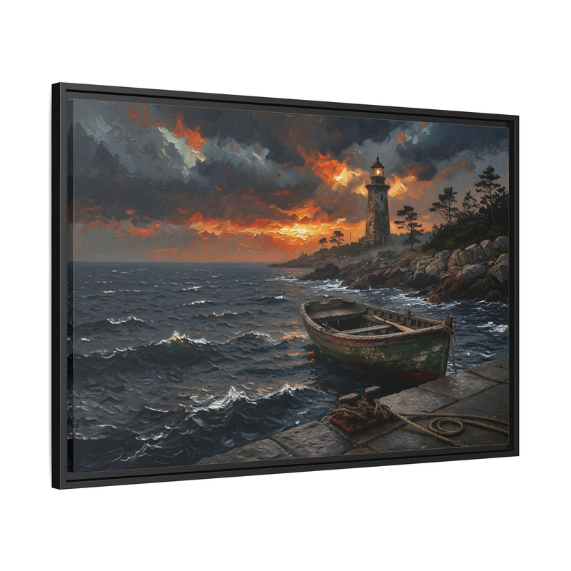 Framed canvas print with black frame, angled view of rowboat near lighthouse at dusk