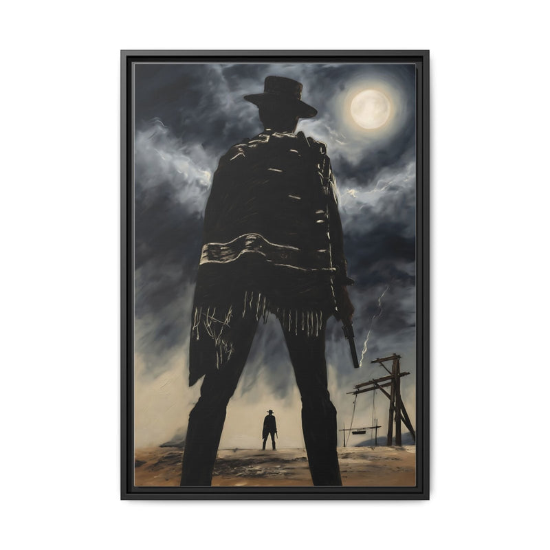 Framed matte canvas print of a black cowboy silhouette, moonlit cloudy sky, windmill