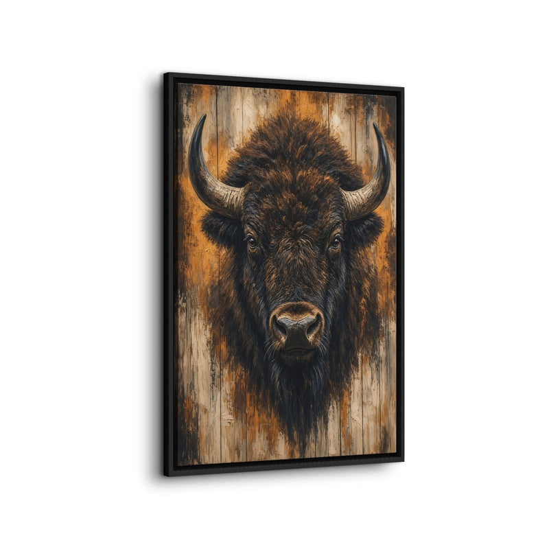 Framed bison portrait canvas wall art, centered face with curved horns