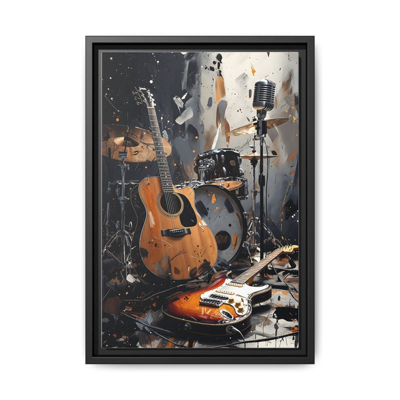 Framed matte canvas wall art with orange acoustic guitar, electric guitar, drums, microphone