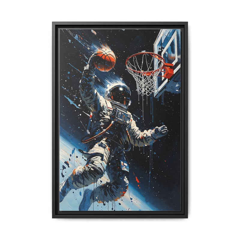Black-framed matte canvas of a space astronaut reaching toward a basketball rim.