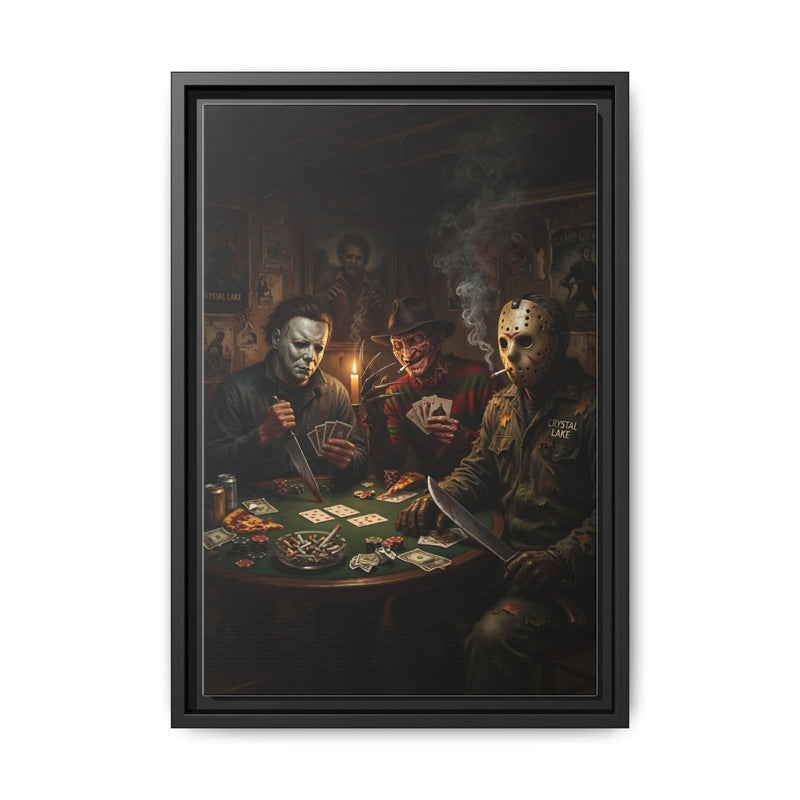 Framed matte canvas artwork with black border and three horror characters playing poker
