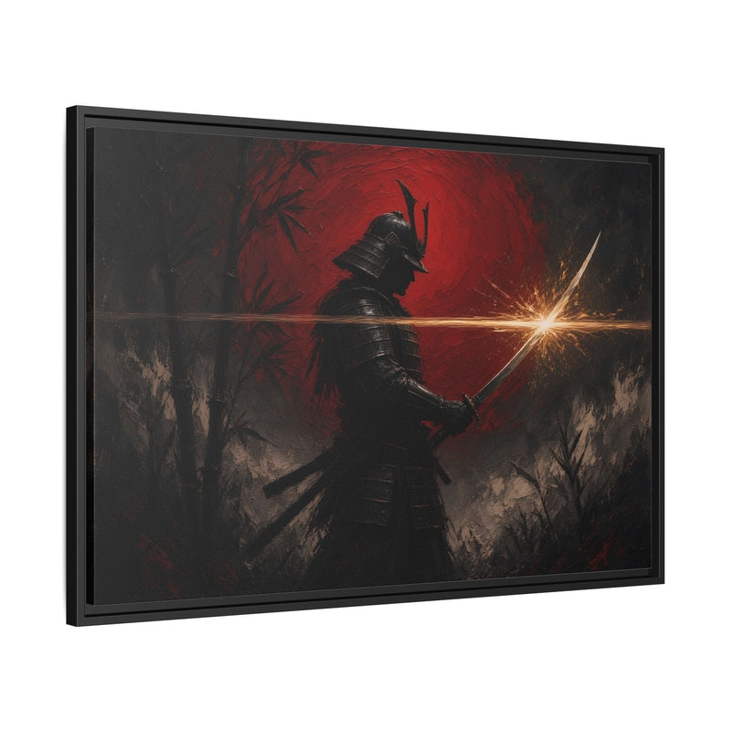 Horizontal framed canvas with black frame, dark samurai profile, red tones, and glowing blade