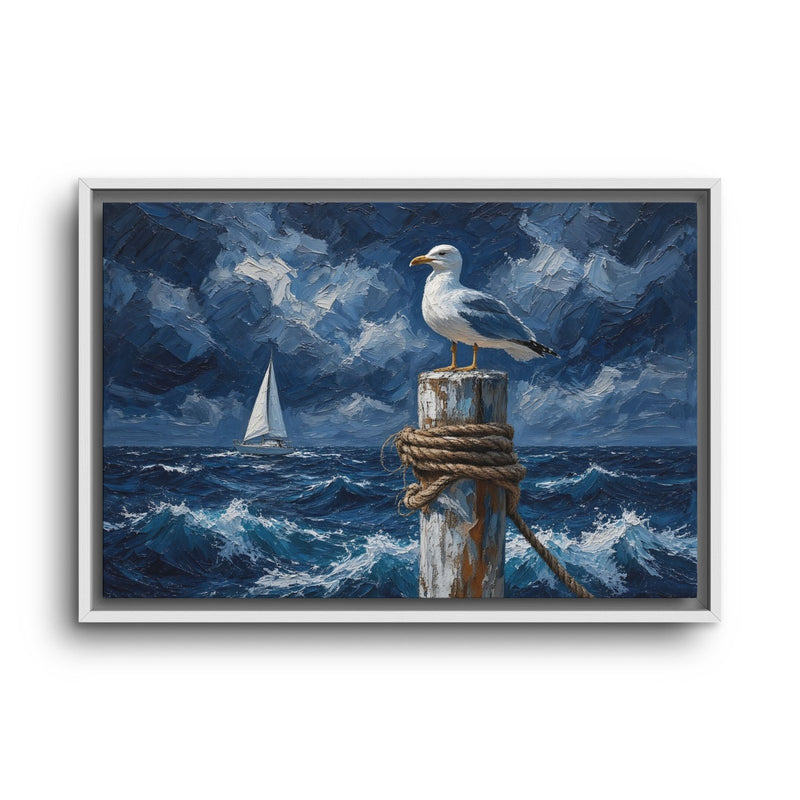 Seascape canvas with a gull, sailboat, and turbulent waves in a white frame