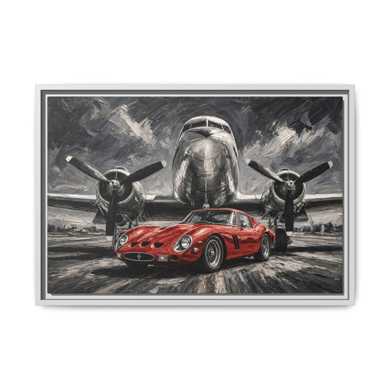 Framed Canvas Print — Vintage Red Racing Car & Propeller Plane Artwork