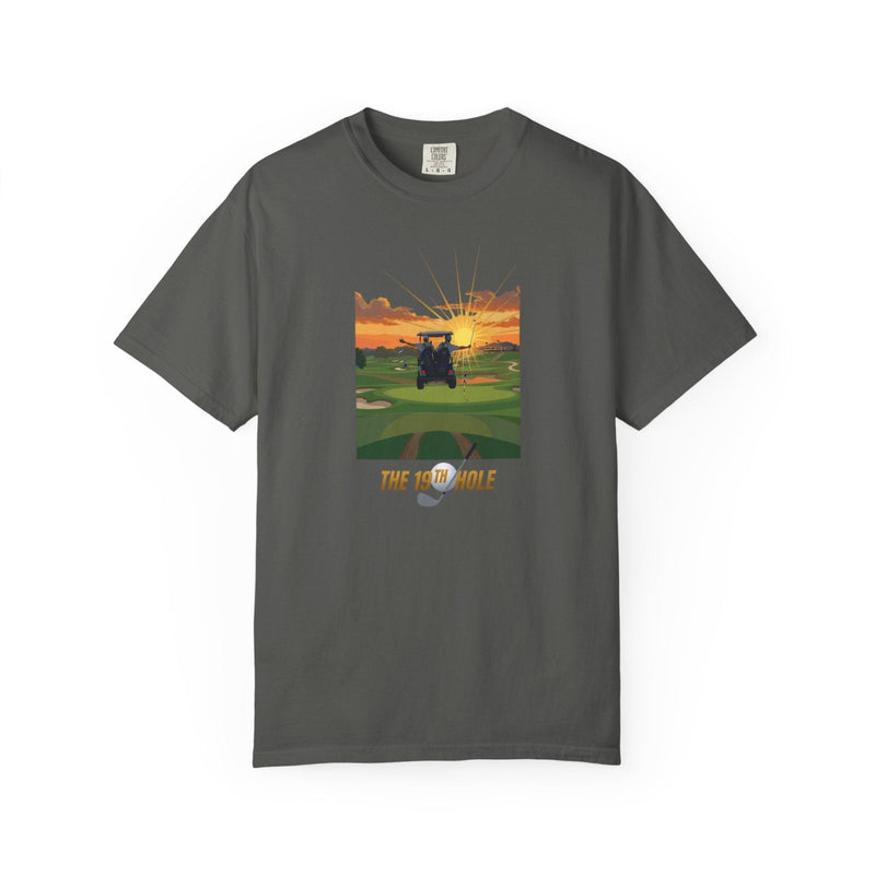 Dark gray golf T-shirt with front graphic showing a golf cart at sunset and “THE 19TH HOLE”.