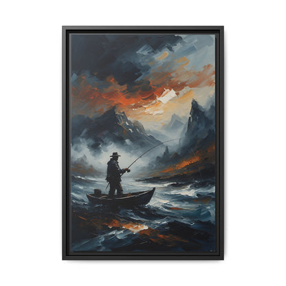 Framed Matte Canvas - Lone Fisherman - Mountain Lake Storm