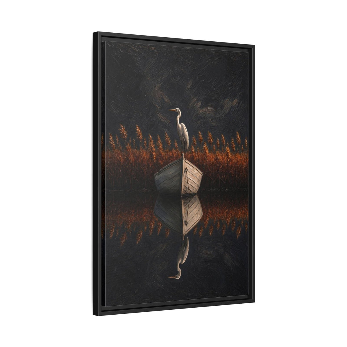 Framed heron canvas with mirrored reflection and orange reeds; black frame visible from angle