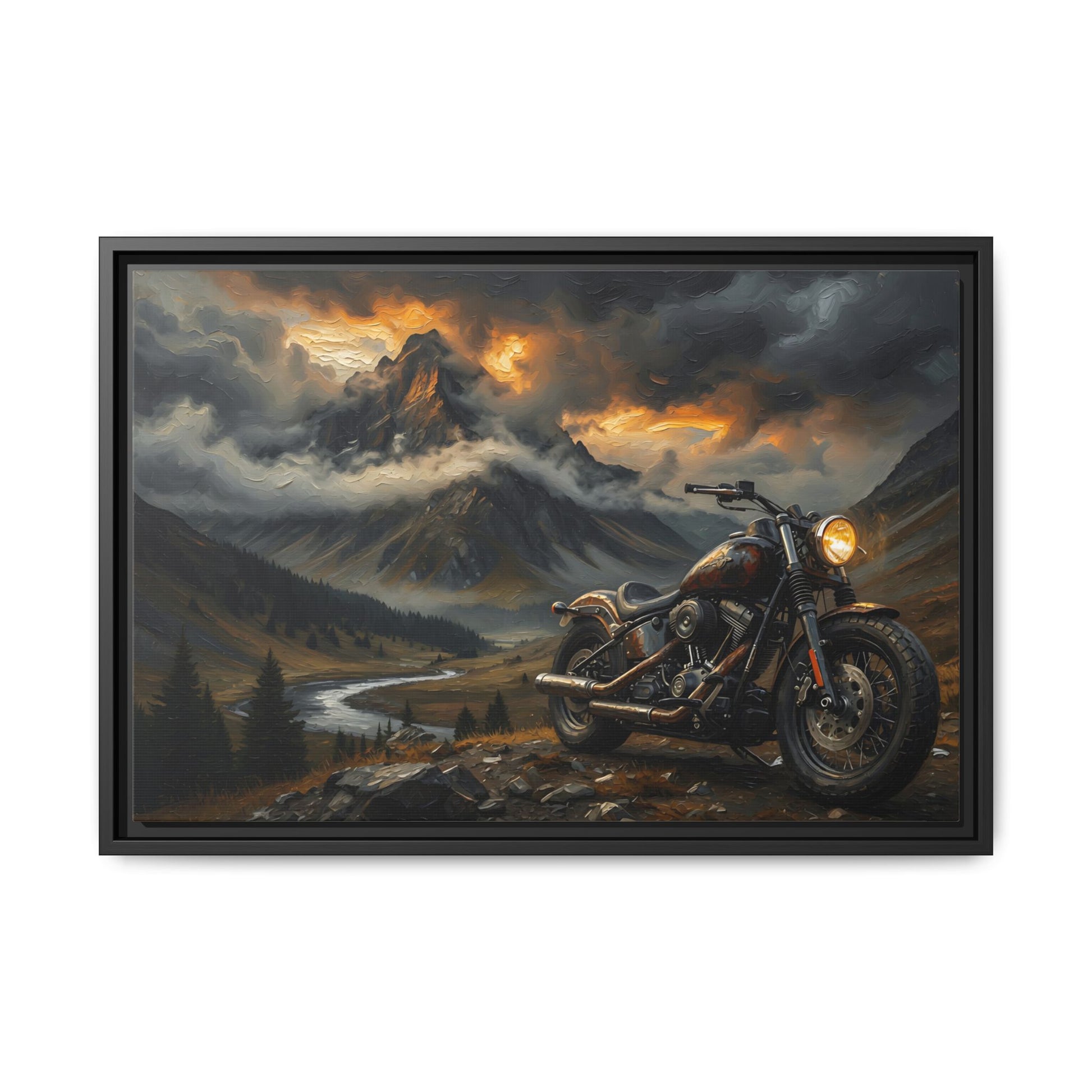 Framed matte canvas wall art, black frame, motorcycle near a mountain valley stream