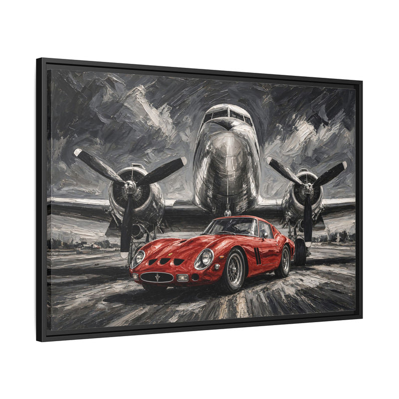 Framed Canvas Print — Vintage Red Racing Car & Propeller Plane Artwork