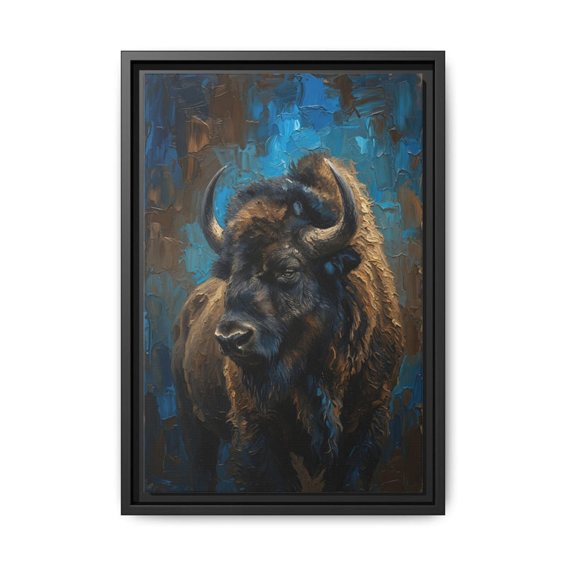 Black framed bison matte canvas wall art with blue abstract background and brown strokes.