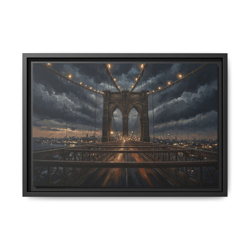 Black framed canvas of Brooklyn Bridge at dusk with evening clouds and city lights.