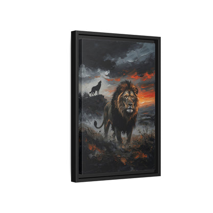 Lion and Wolf Matte Framed Canvas — Majestic Wildlife Sunset Wall Art