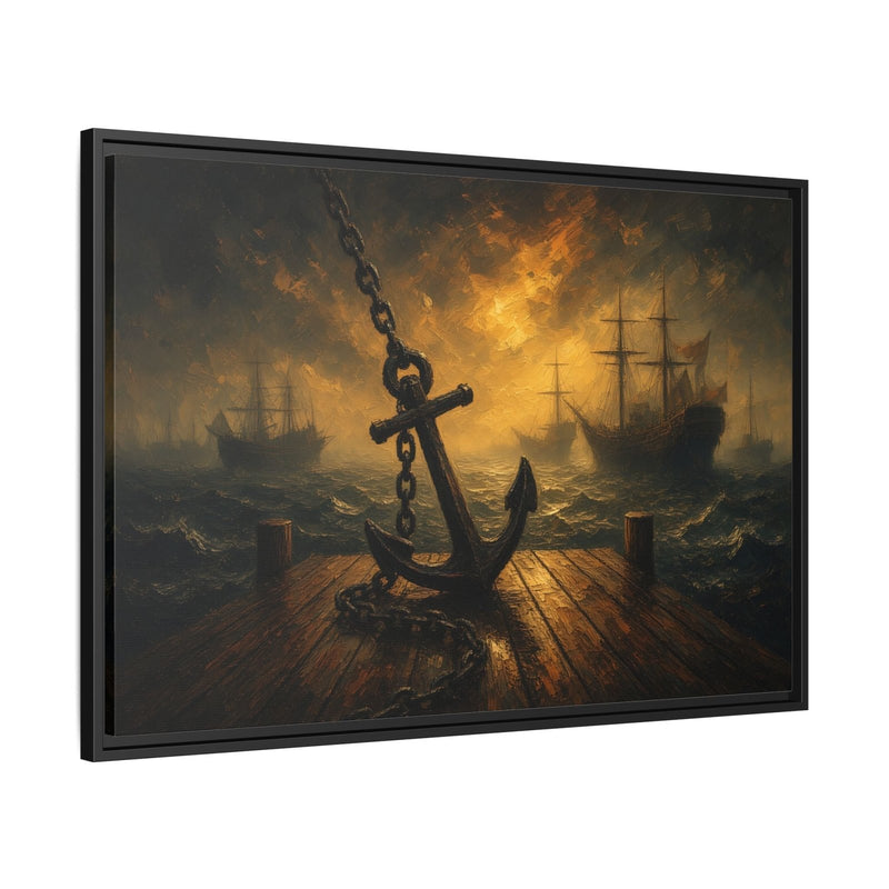 Black-framed matte canvas seascape with prominent anchor on dock, sunset glow