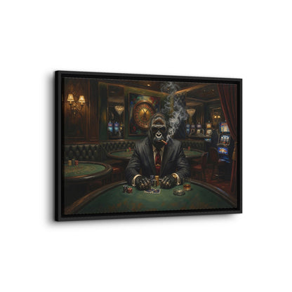 Framed canvas wall art with a gorilla dealer in a suit and cigar smoke, black frame