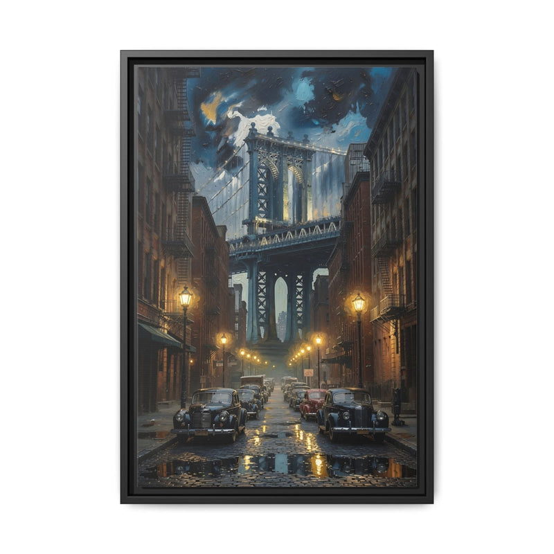 Framed black canvas wall art, vertical city street leading to a lit bridge at night