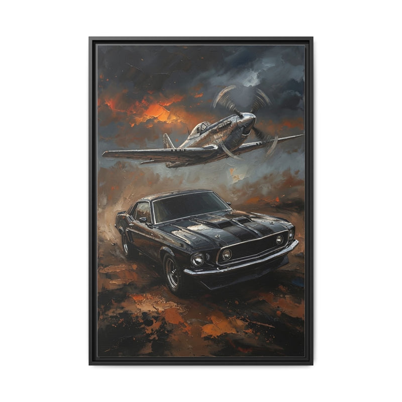 Framed wall art with vintage pickup car and fighter plane flying through clouds