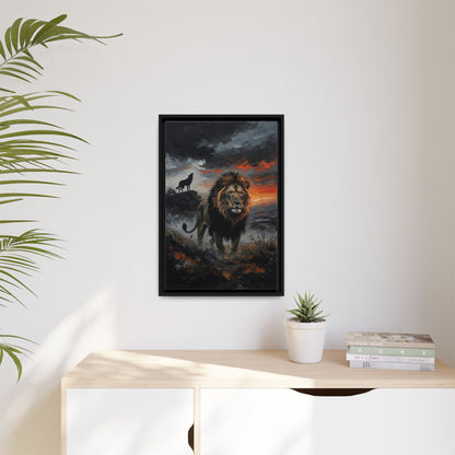 Lion and Wolf Matte Framed Canvas — Majestic Wildlife Sunset Wall Art