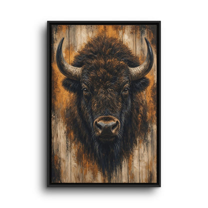 Framed bison portrait canvas wall art, dark muzzle and curved horns