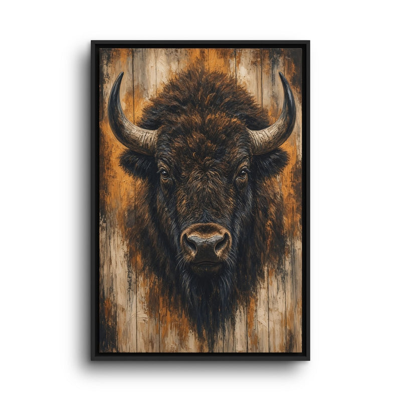 Framed bison portrait canvas wall art, dark muzzle and curved horns