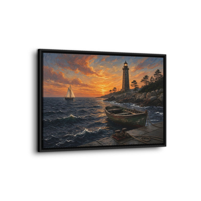 Framed canvas wall art with rowboat on shoreline, lighthouse tower, and sunset sea