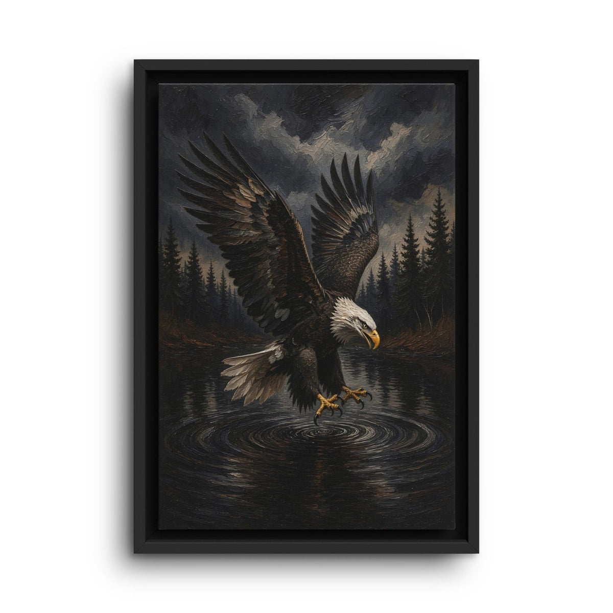 Black-framed canvas print of a bald eagle swooping over a forest lake