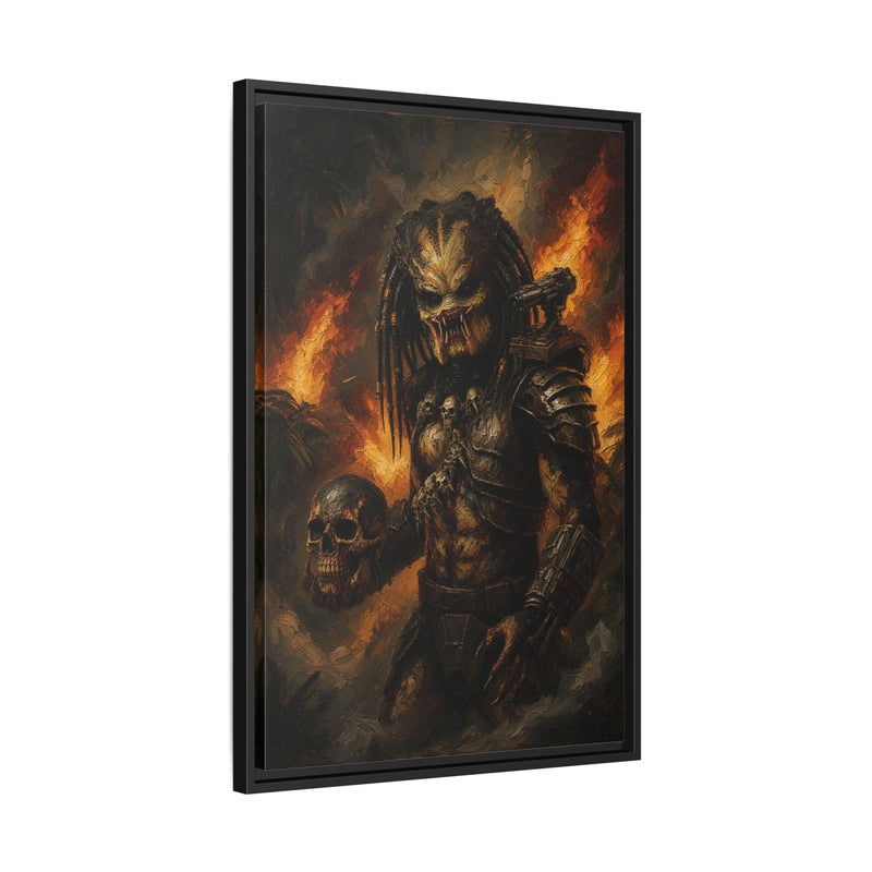 Black-framed predator canvas wall art with warrior figure, skull, and glowing orange flames