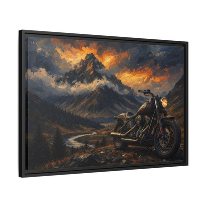 Black framed motorcycle landscape canvas art in angled view with motorcycle and mountain road