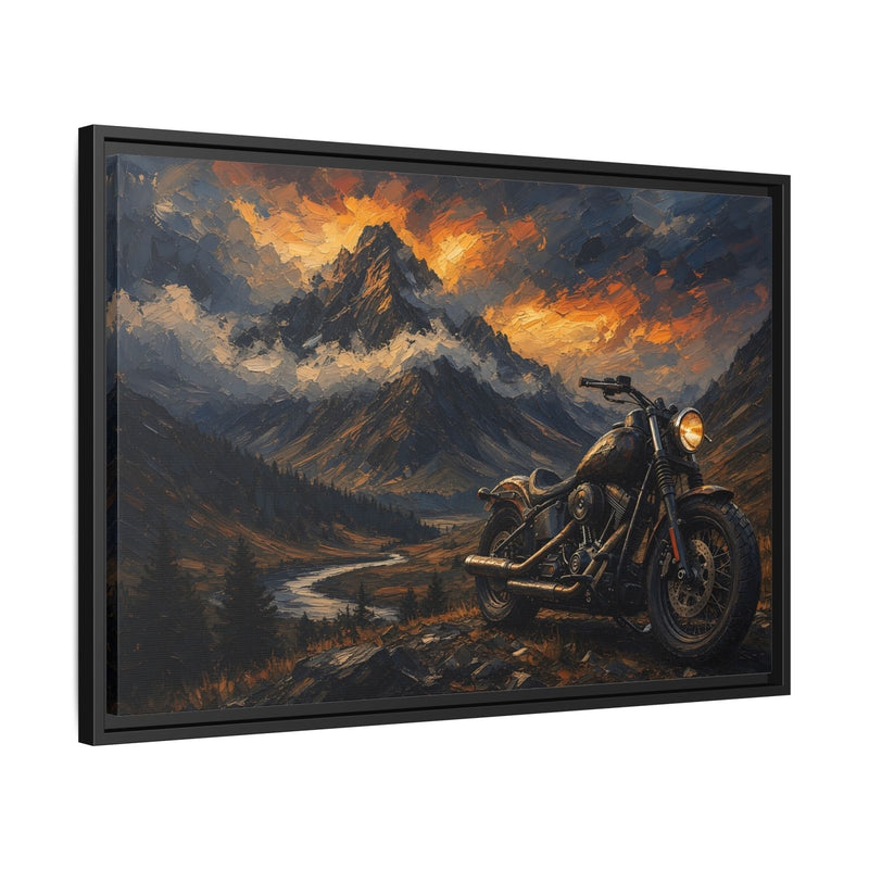 Black framed motorcycle landscape canvas art in angled view with motorcycle and mountain road
