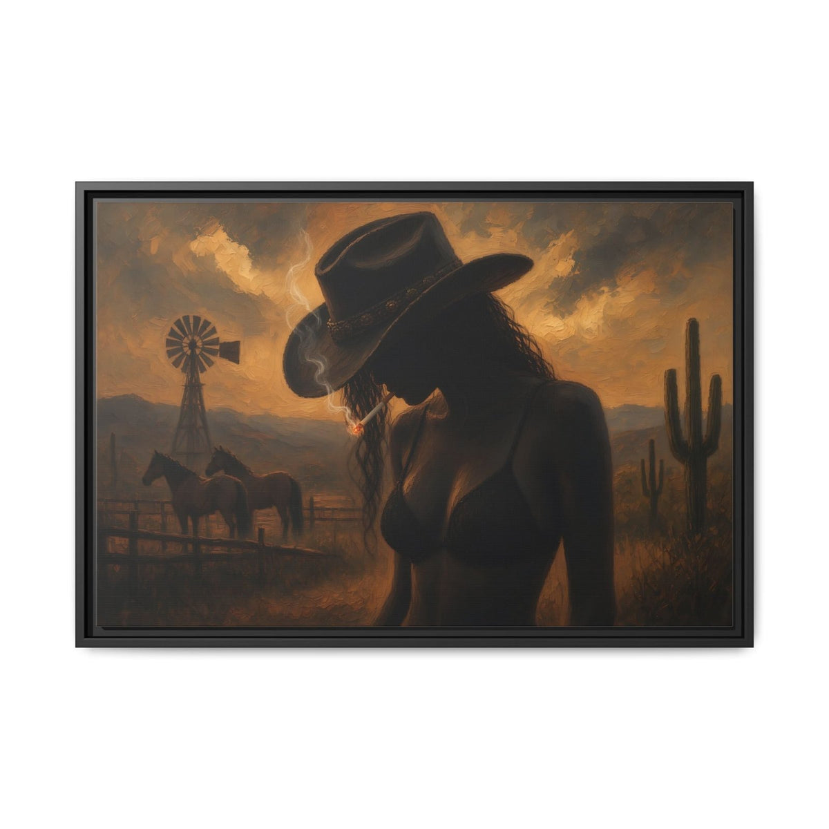 Black-framed desert cowgirl canvas, cowboy hat silhouette over ranch landscape