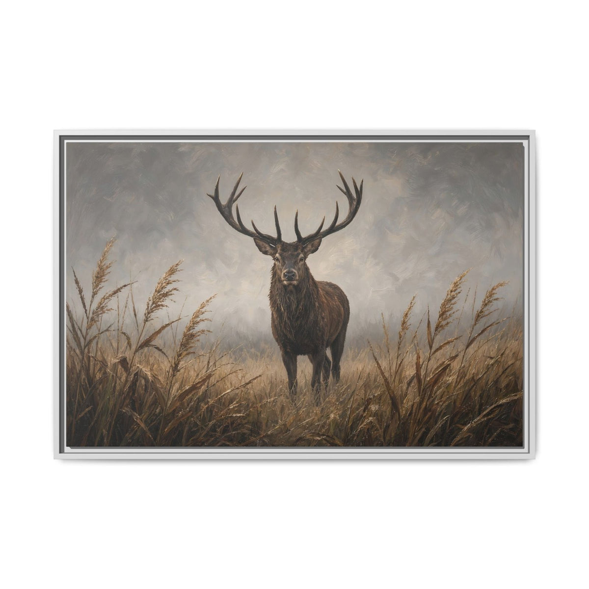 Stag deer canvas wall art in reeds, light frame, straight-on view
