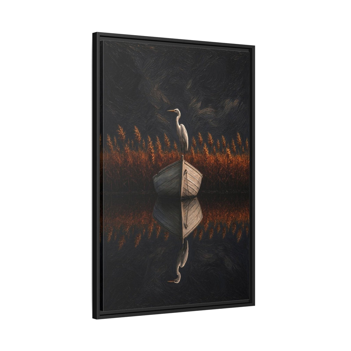 Framed heron wall art with mirrored reflection, orange reeds, and visible black frame edge
